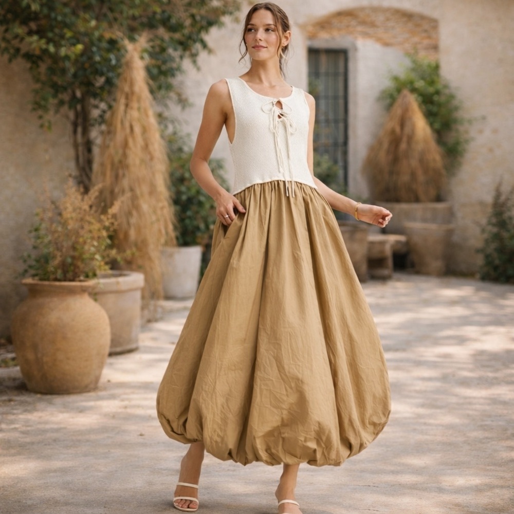NWT Sleeveless Two-Tone Midi Dress with Bubble Skirt - Cream & Tan Small fits M